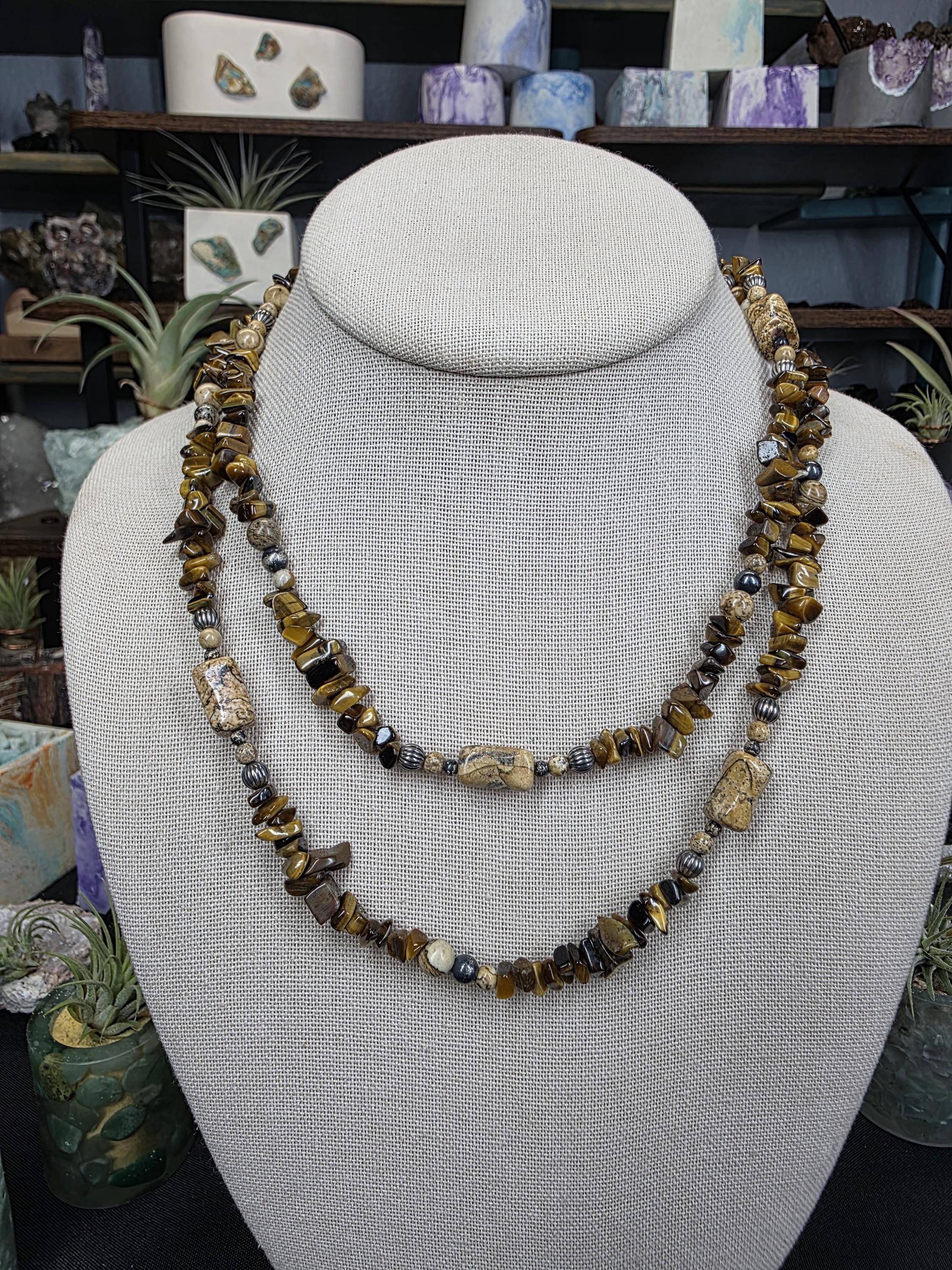 36" Tiger's Eye Chip & Picture Jasper Necklace | Earthy Gemstone Statement Strand