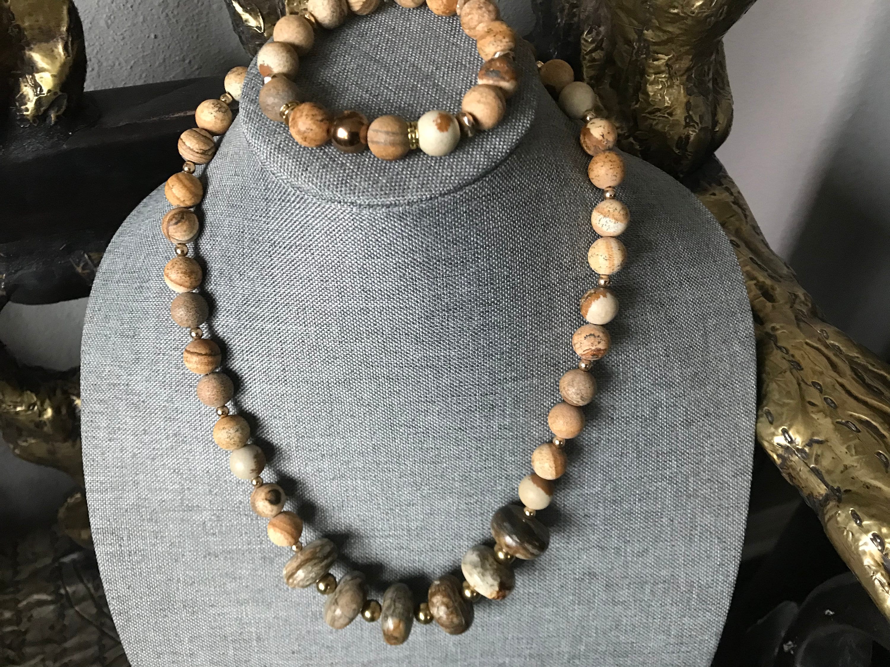 Picture Jasper Necklace Bracelet Set: Beaded Jewelry
