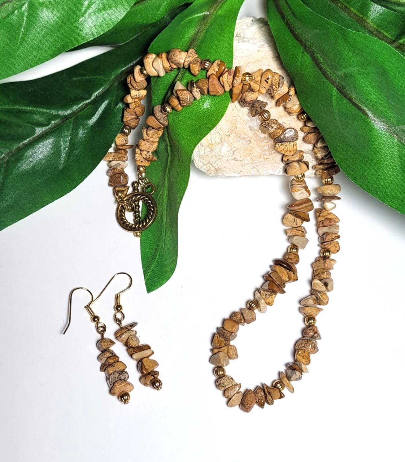 Picture Jasper Chip Necklace And Earrings Set - Picture Jasper Necklace - Picture Jasper Earrings - Chip Necklace - Brown And Gold Jewelry