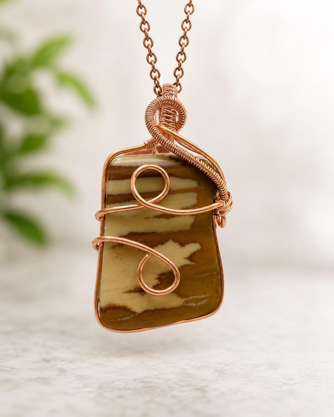 Copper Wire Wrapped Picture Jasper Necklace – Earth Tone Boho Pendant, Artisan Jewelry