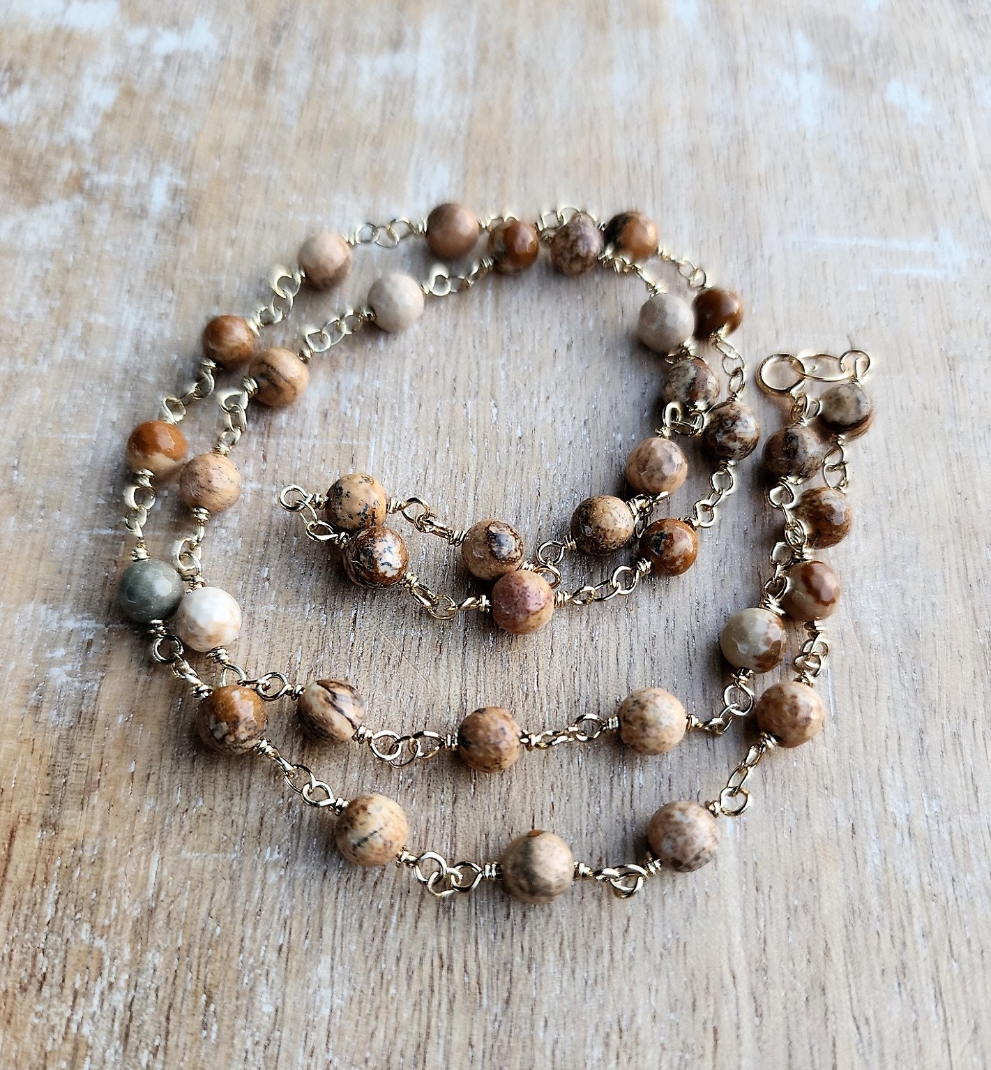 Picture Jasper Gemstone Necklace Gold, Brown Beige Stone Necklace, 8mm Stone Necklace, Layering Necklace, Short Necklace, Long Necklace
