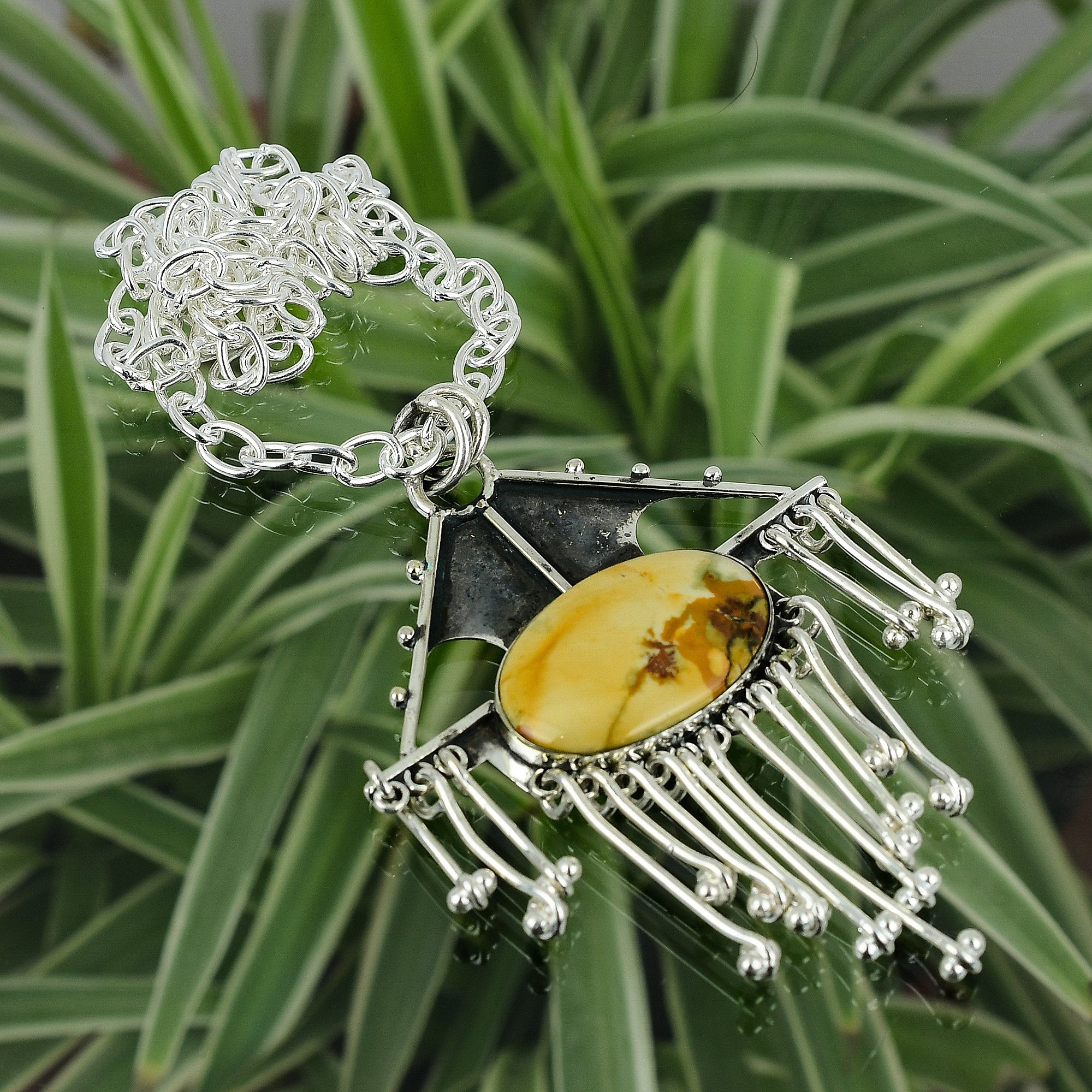 Handmade Picture Jasper Necklace: Oxidized 925 Sterling Silver, Adjustable Chain