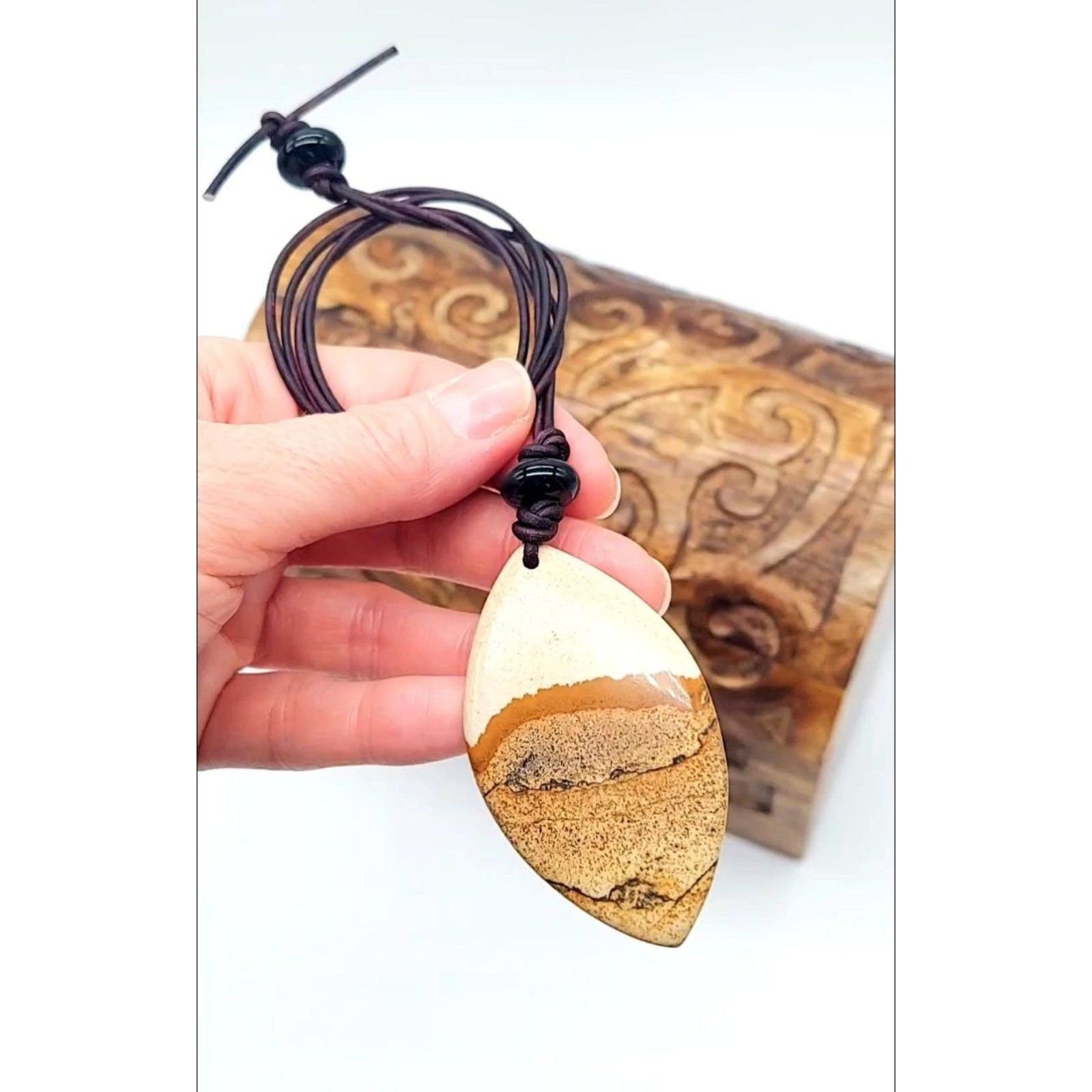 Large Picture Jasper Necklace Leather Cord Natural Stone Pendant Large Picture Jasper Necklace Leather Cord Natural Stone Pendant