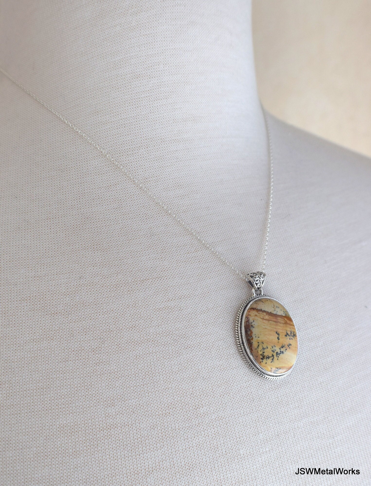 Large Sterling Silver Picture Jasper Necklace, Silver Jasper Gemstone Layering Necklace, Choose Your Pendant
