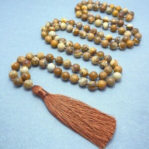 Picture Jasper Mala Beads: 108 Knotted Beads with Silk Tassel Picture Jasper Mala Beads: 108 Knotted Beads with Silk Tassel