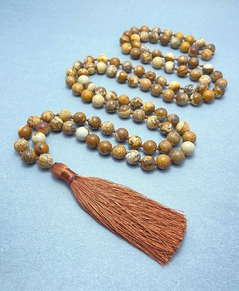 Picture Jasper Mala Beads: 108 Knotted Beads With Silk Tassel