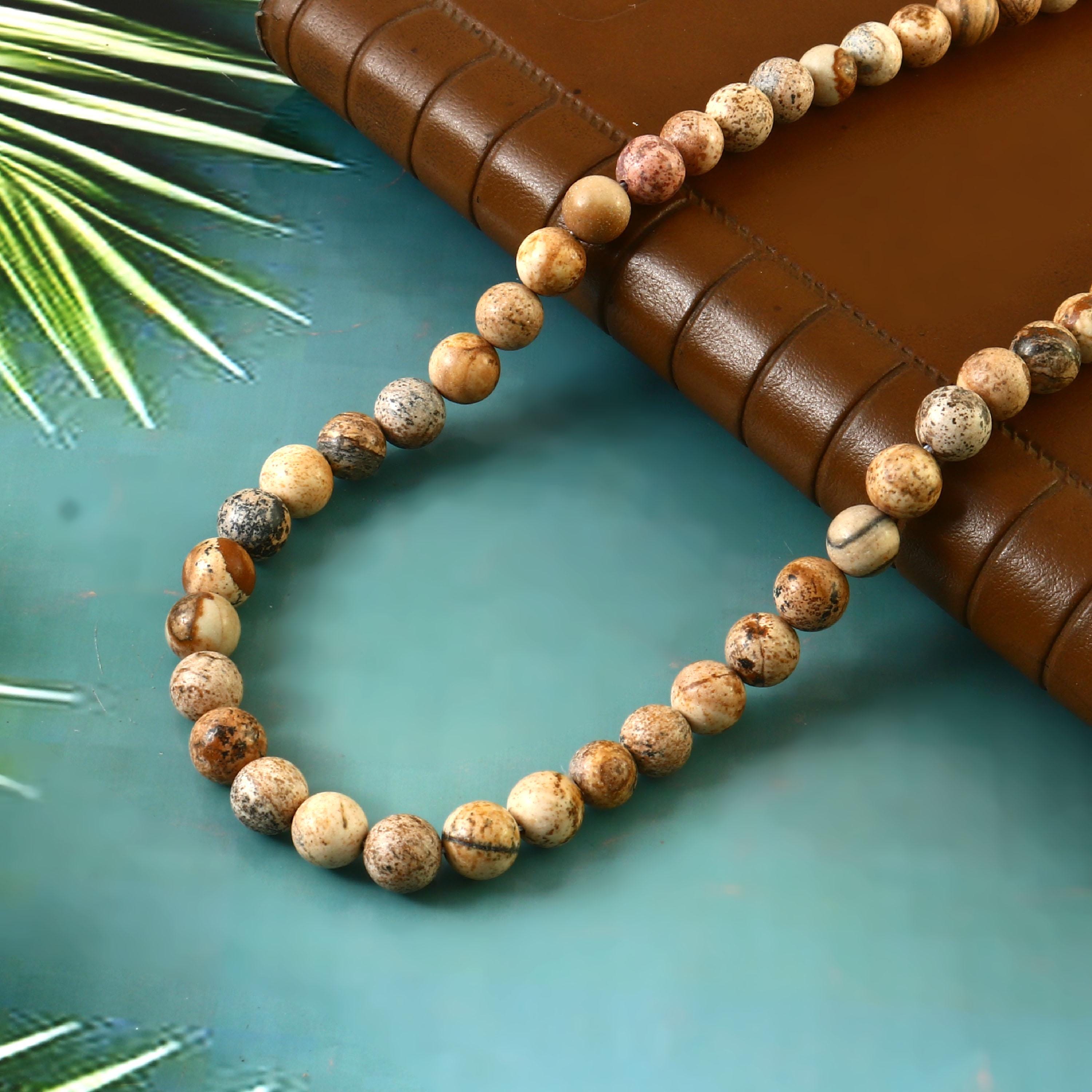 Natural Picture Jasper Necklace For Girls And Women Strand Beads, Brown Color, Yoga Mala Meditation Jewelry Fashionable Necklace
