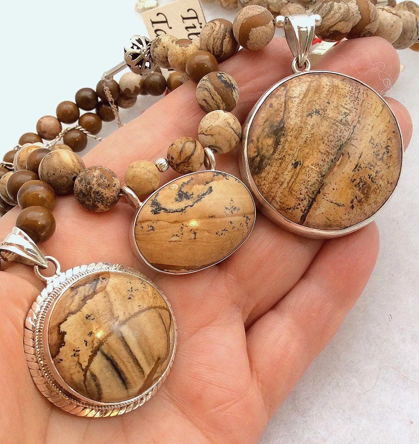 Picture Jasper Necklace. Sterling Silver, 15,16 Or 20in - Free Us Ship