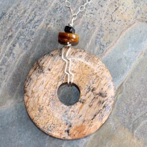 Picture Jasper Necklace, Tiger Eye Necklace, Brown Necklace, Wire Wrap Necklace, Donut Necklace, Sterling Necklace, Natural Stone Necklace