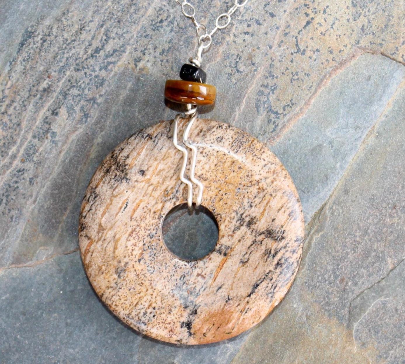 Picture Jasper Necklace, Tiger Eye Necklace, Brown Necklace, Wire Wrap Necklace, Donut Necklace, Sterling Necklace, Natural Stone Necklace
