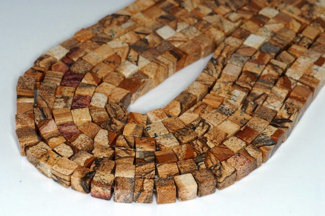 6-7mm Picture Jasper Gemstone Square Cube Loose Beads 7.5 Inch Half Strand (90184180-a114)