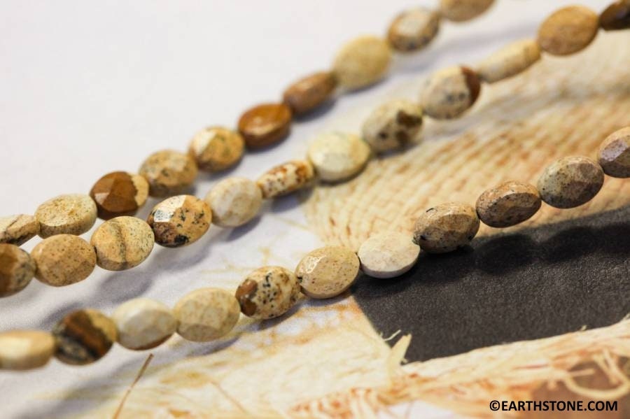 S/ Picture Jasper 5x7mm Faceted Flat Oval Beads 16" Strand Natural Jasper Gemstone Beads For Jewelry Making
