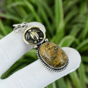 Picture Jasper Pendant: 925 Sterling Silver, 18k Gold Tortoise Jewelry