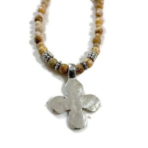 Brown Necklace - Picture Jasper Gemstone Jewellery - Silver Jewelry - Cross Pendant - Long - Beaded