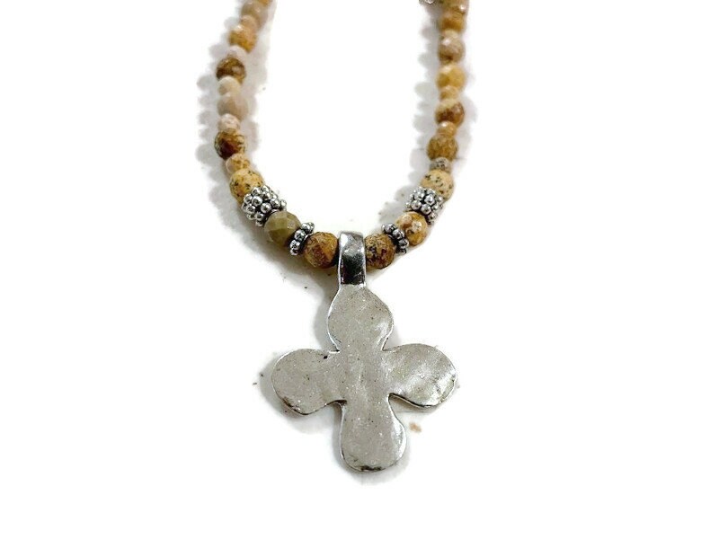 Brown Necklace - Picture Jasper Gemstone Jewellery - Silver Jewelry - Cross Pendant - Long - Beaded