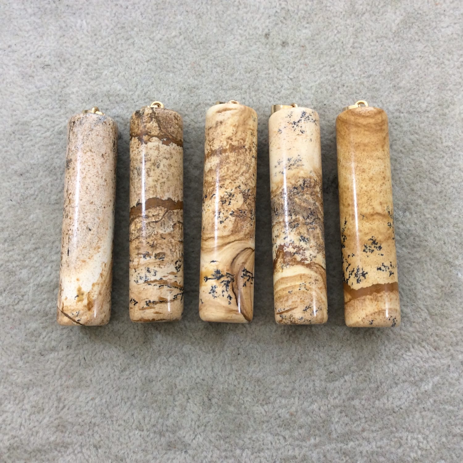 Picture Jasper Cylinder Pendant With Gold Plated Bail (14mm X 55-60mm)