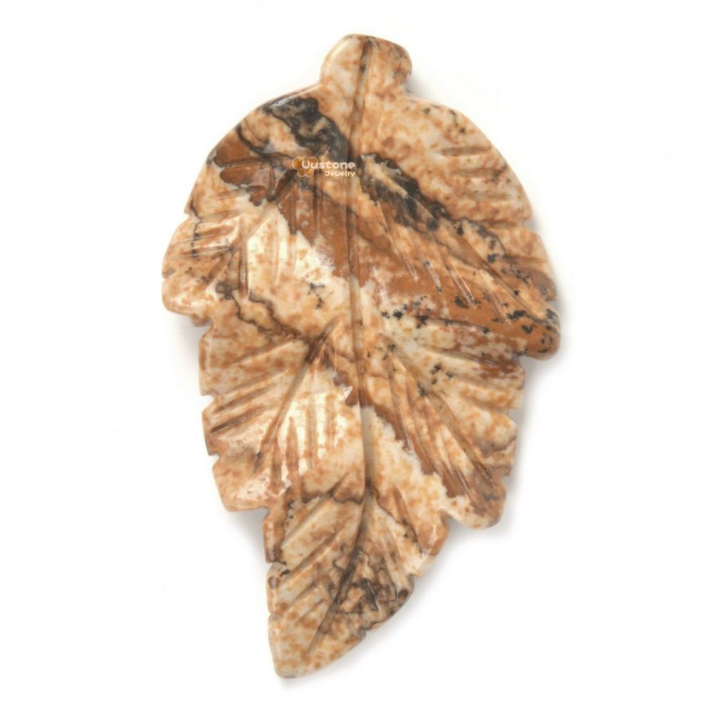 G2568.23 40mm Natural Picture Jasper Carved Leaf Retro Pendant Bead Jewellery Making