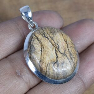 Handmade Picture Jasper Pendant: 925 Sterling Silver Round Gemstone