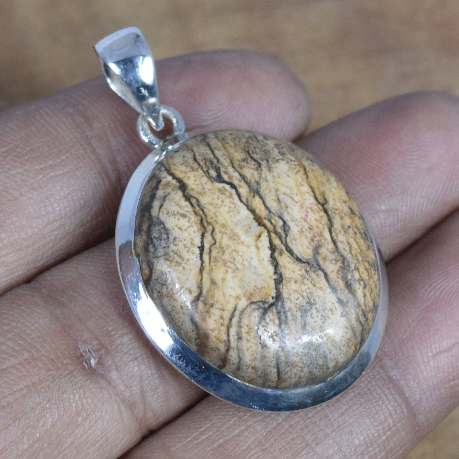 Handmade Picture Jasper Pendant: 925 Sterling Silver Round Gemstone