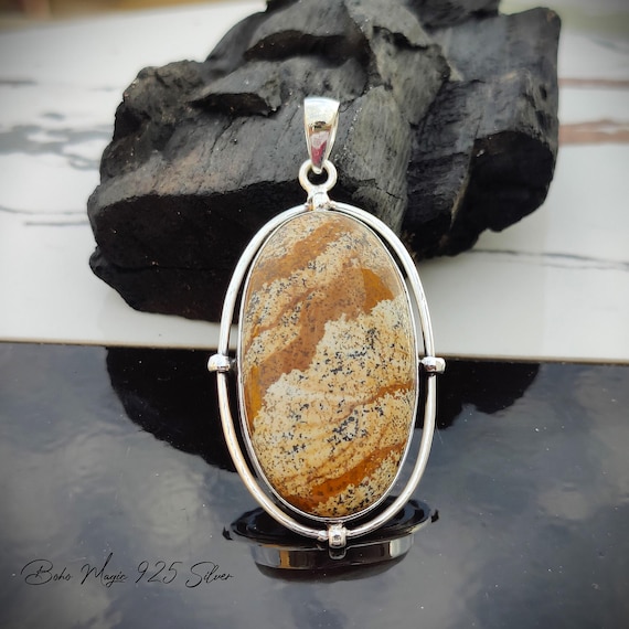Handmade Picture Jasper Pendant: 925 Sterling Silver, 18k Gold Plated