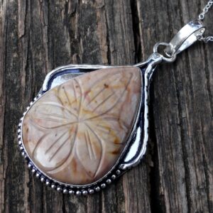 Handmade Carved Picture Jasper Necklace: Sterling Silver Botanical Pendant