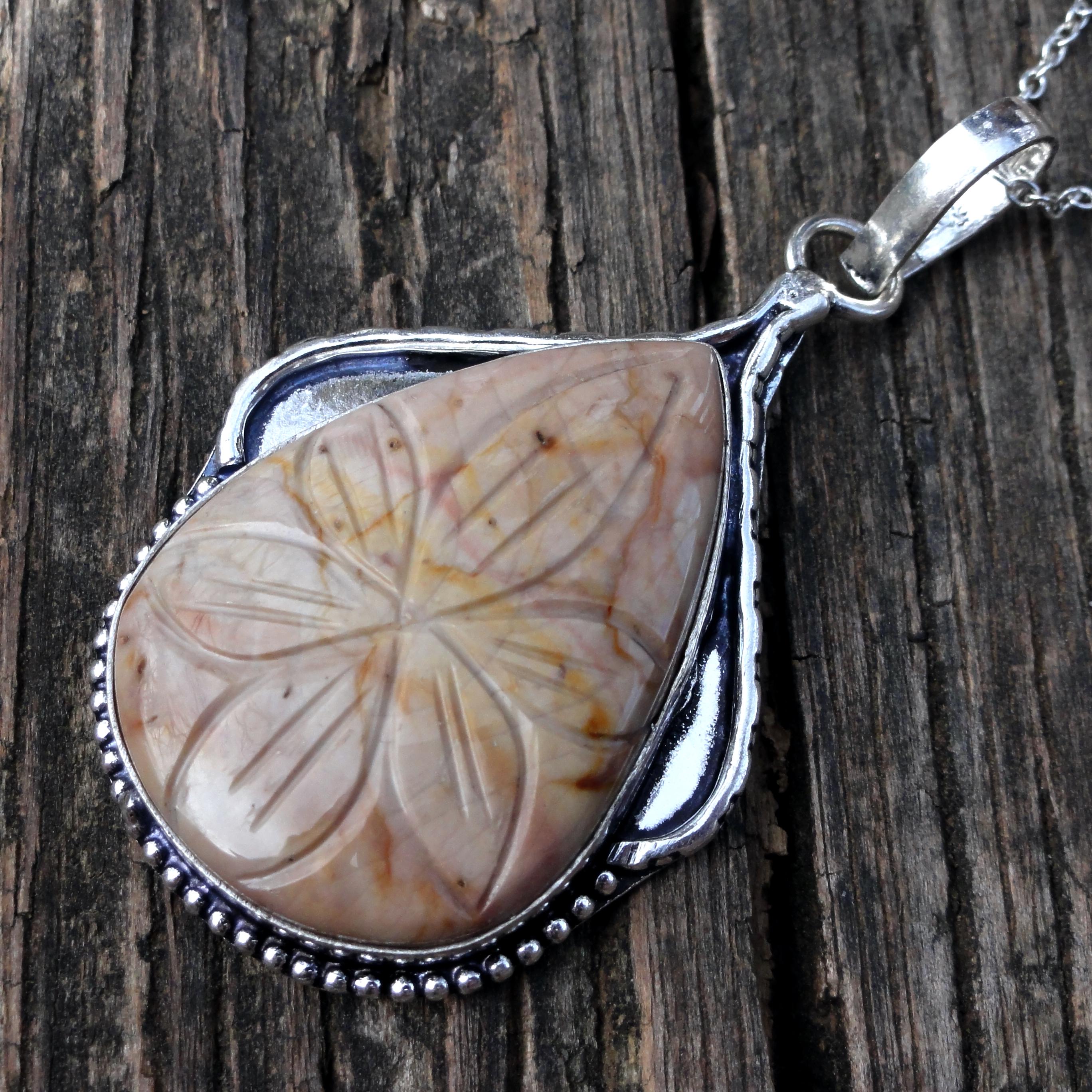 Handmade Carved Picture Jasper Necklace: Sterling Silver Botanical Pendant