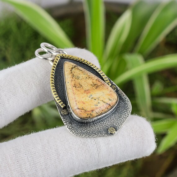 Handmade Pear Picture Jasper Pendant: 925 Sterling Silver