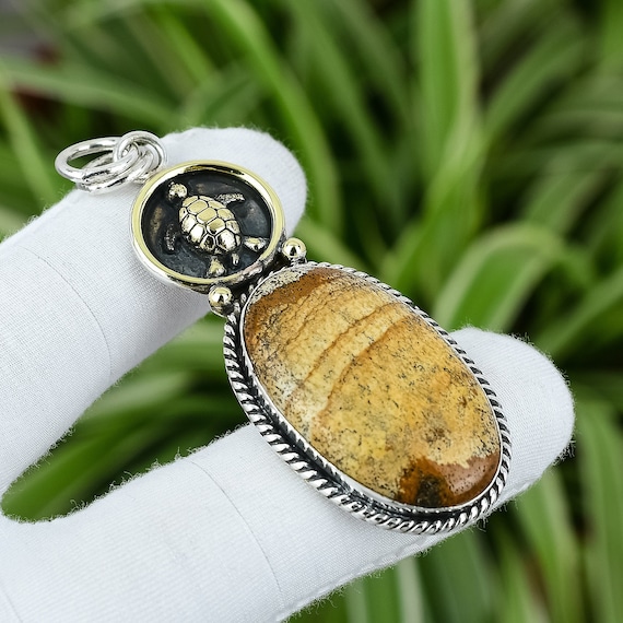 Handmade Picture Jasper Pendant: Sterling Silver 18k Gold Tortoise