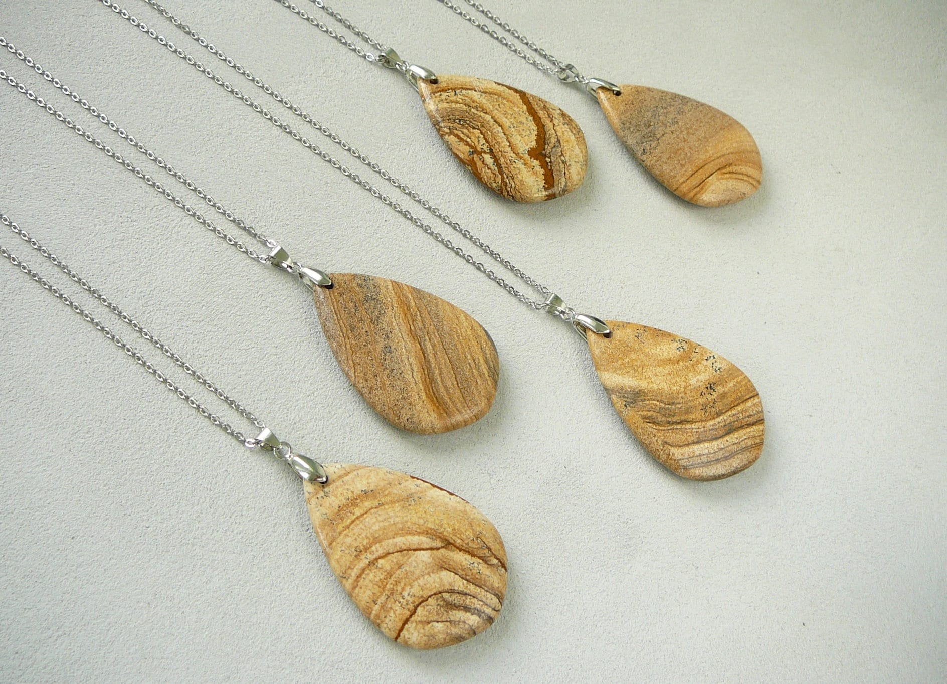 Large Picture Jasper Necklace Large Drop Jasper Pendant Silver Long Necklace For Women For Men Natural Jasper Necklace Big Gemstone Necklace