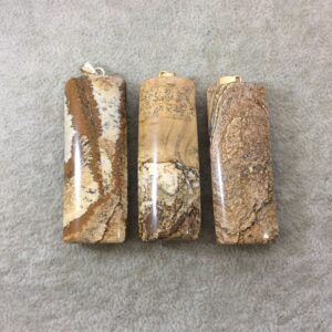 Natural Picture Jasper Flattened Cylinder Shaped Pendant with Gold Plated Bail - Measuring 20mm x 58mm, Approx. - Sold Individually, Random