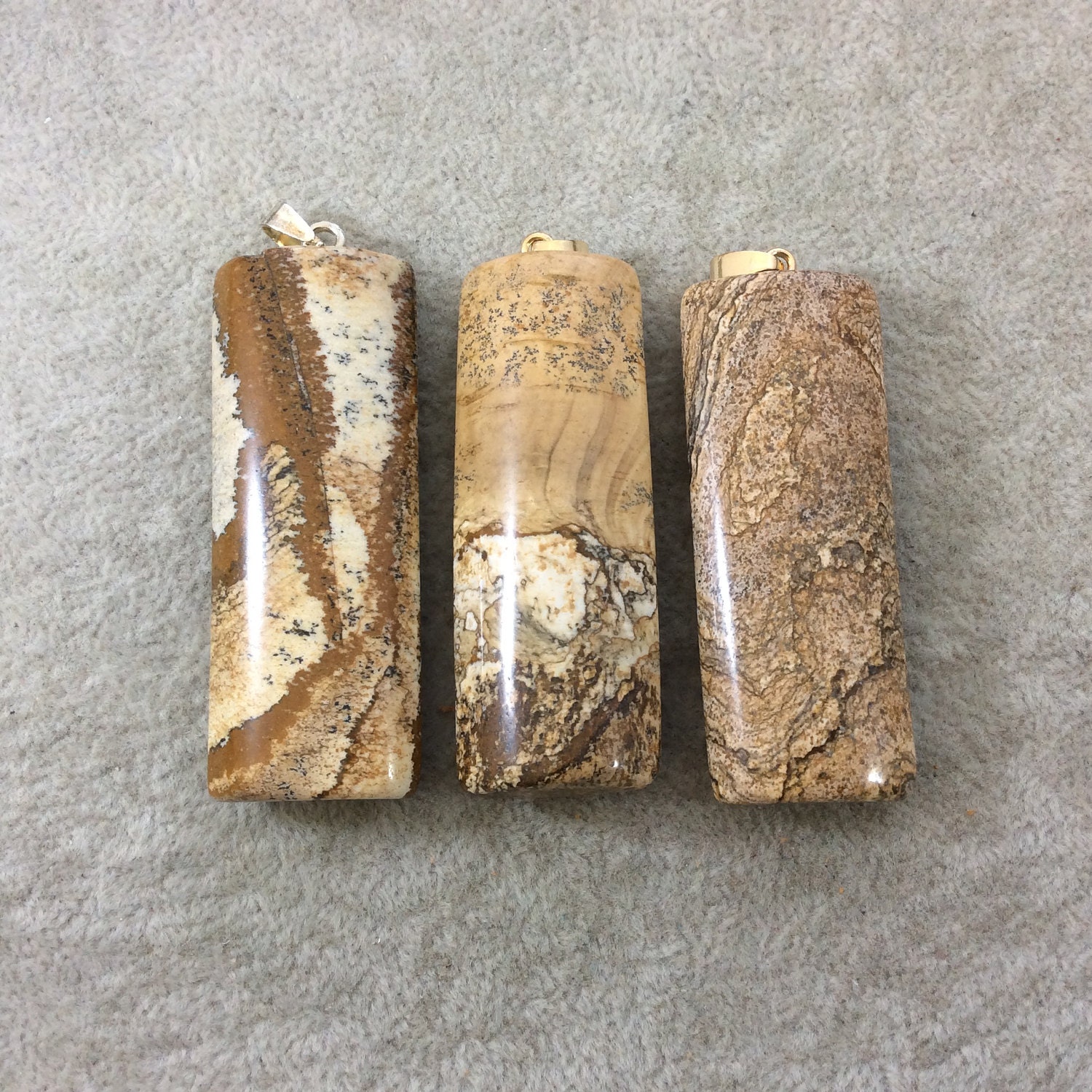 Natural Picture Jasper Flattened Cylinder Shaped Pendant With Gold Plated Bail - Measuring 20mm X 58mm, Approx. - Sold Individually, Random Natural Picture Jasper Flattened Cylinder Shaped Pendant With Gold Plated Bail - Measuring 20mm X 58mm, Approx. - Sold Individually, Random