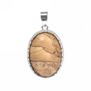 Natural Picture Jasper Gemstone Smooth Cab Crystal Pendant Copper Plating Silver Oval Pendant