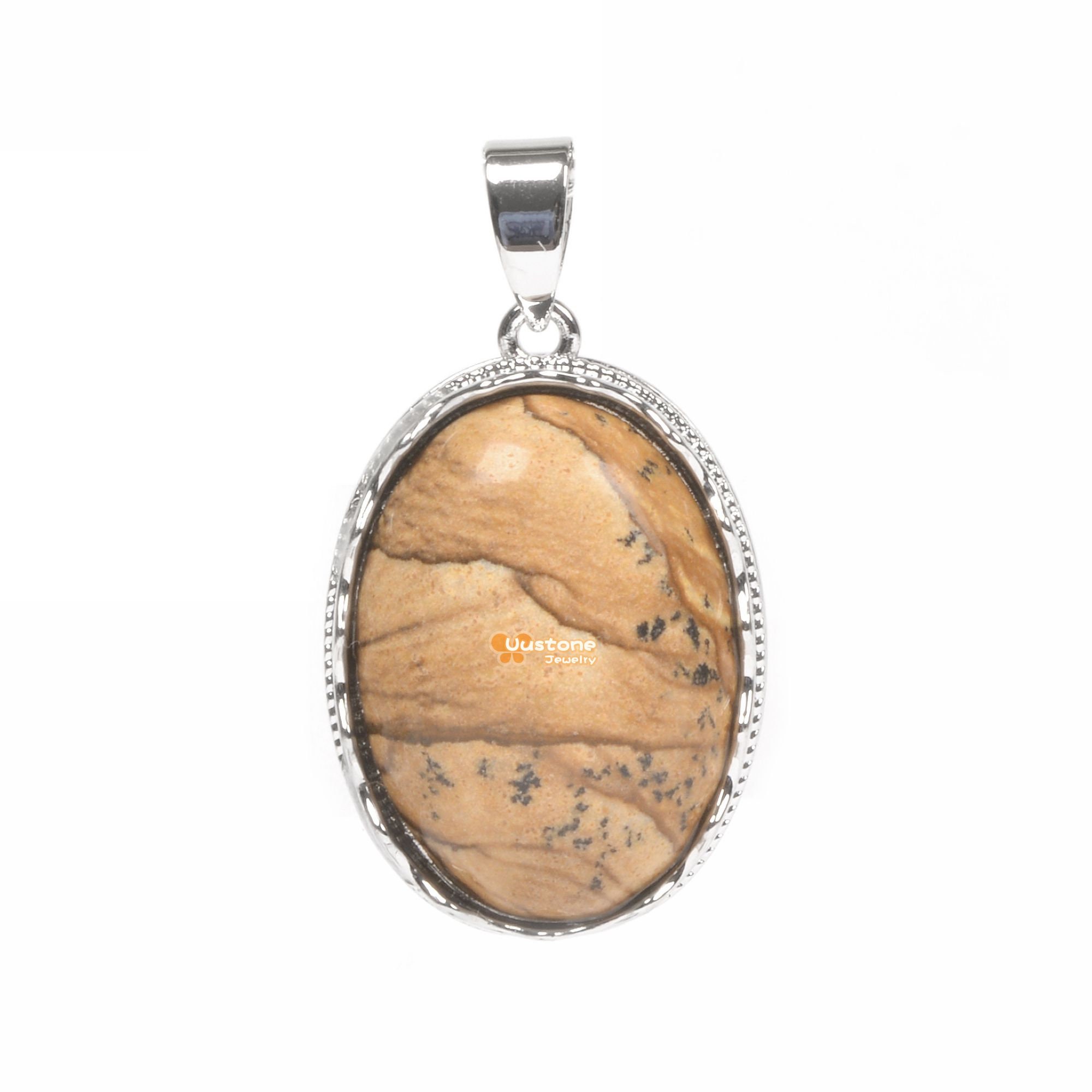 Natural Picture Jasper Gemstone Smooth Cab Crystal Pendant Copper Plating Silver Oval Pendant