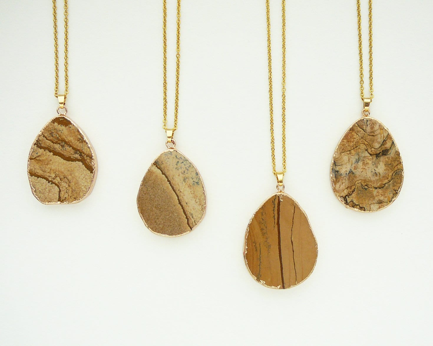 Picture Jasper Necklace Large Drop Jasper  Pendants For Women Brown Beige Stone Gold Pendant Necklace Natural Picture Jasper Jewelry