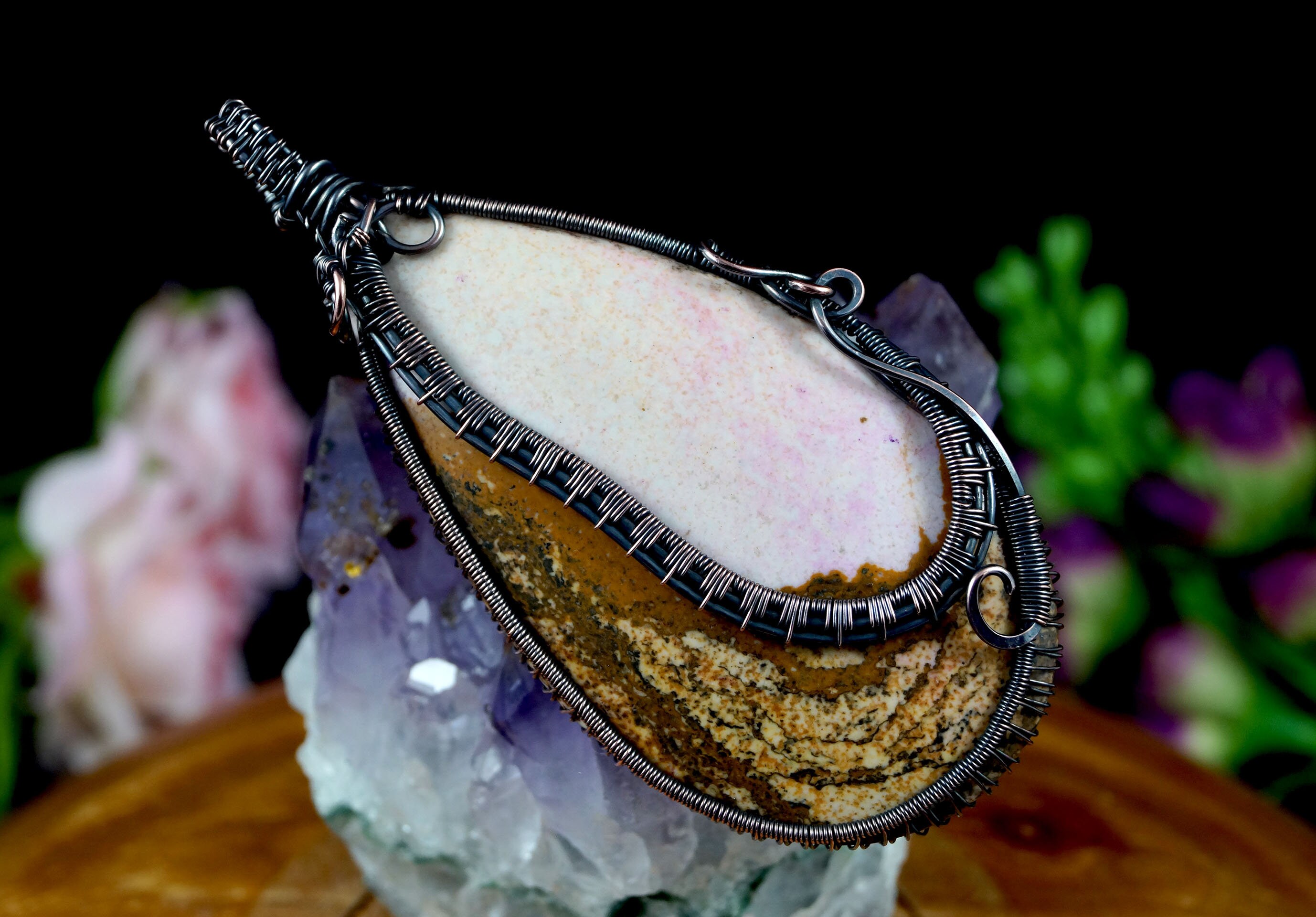 Oxidized Copper Wire Wrapped Picture Jasper Pendant: Artisan Jewelry