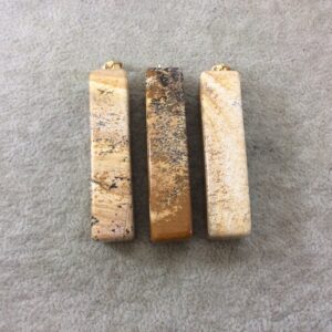 Picture Jasper Rectangle Pendant: Brown Tan Stone with Gold Bail (11mm x 53mm)