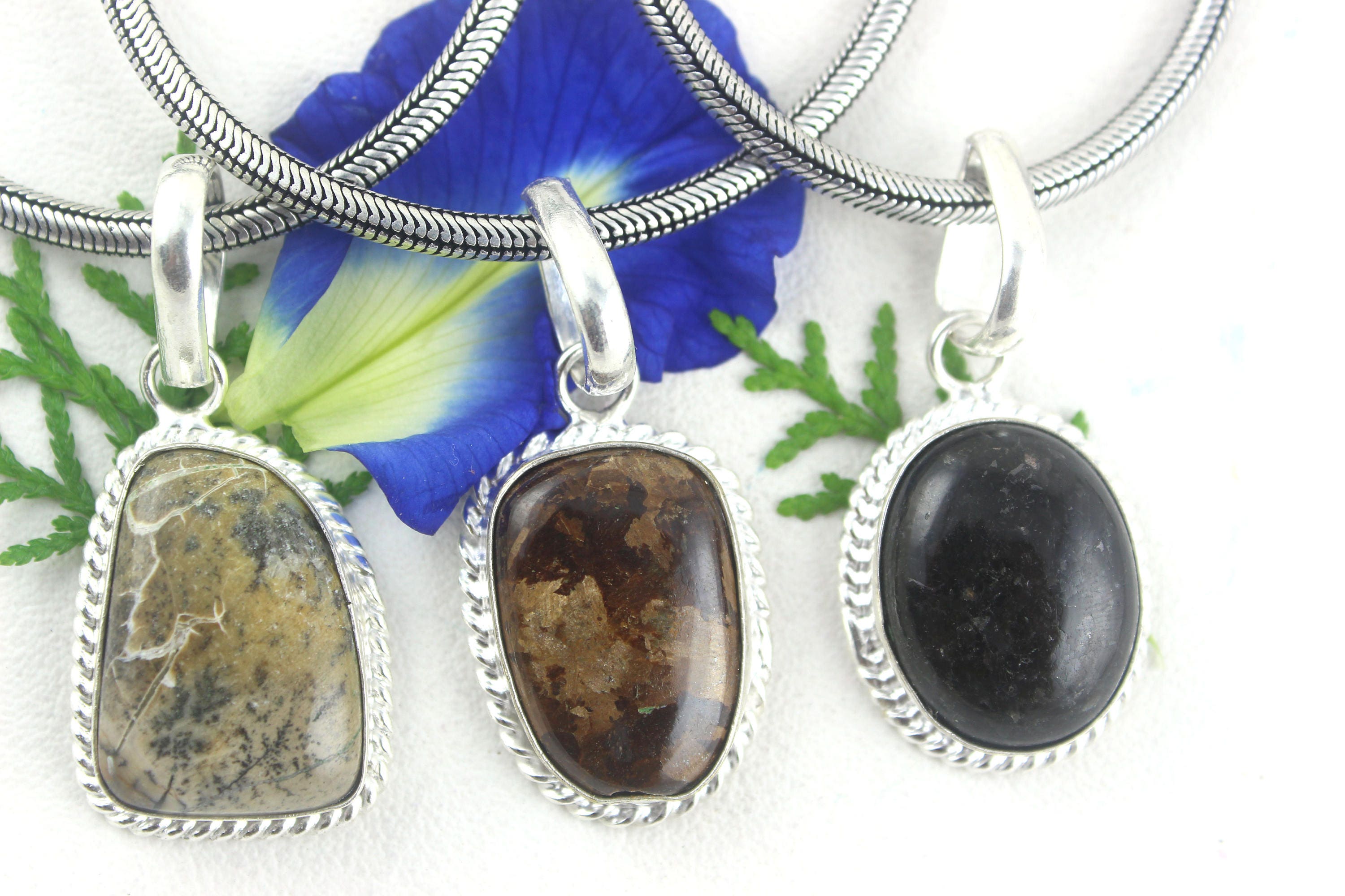 Sterling Silver Jasper Pendant Necklace, Bronzite & Picture Jasper