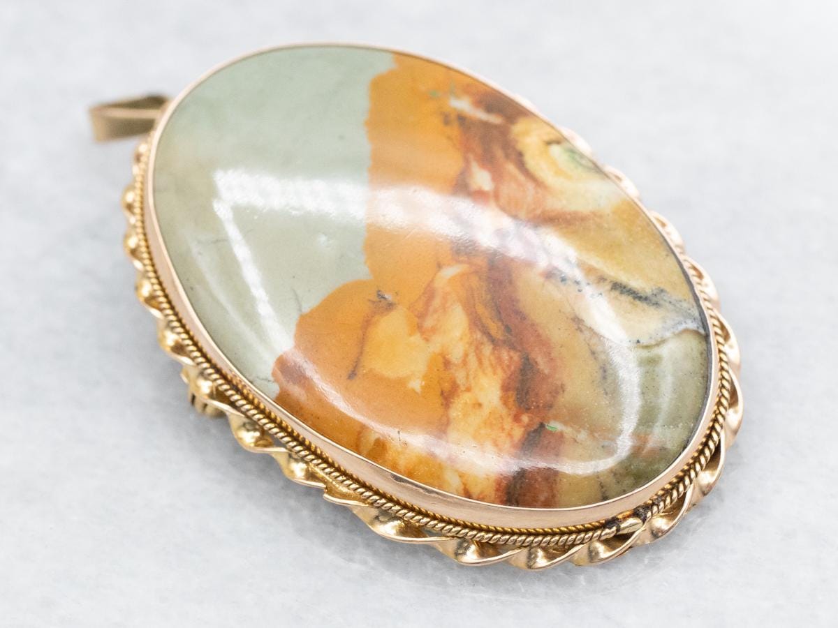 Vintage 14k Gold Picture Jasper Brooch Pendant, Statement Jewelry