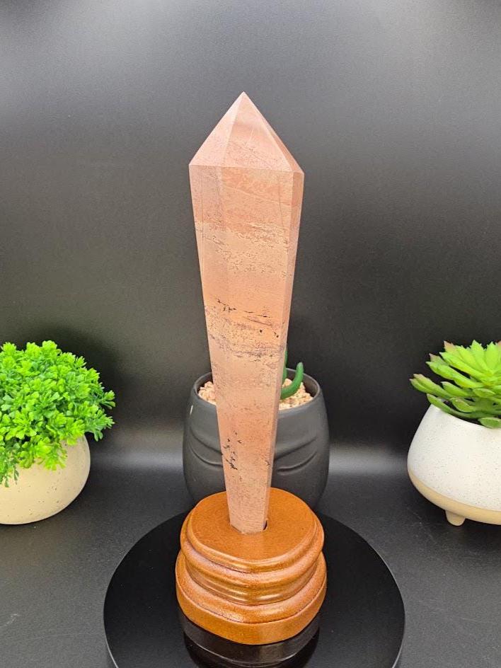 Picture Jasper Crystal Wand | 9.25" Tall | Custom Wooden Stand Included | Earthy, Grounding Energy