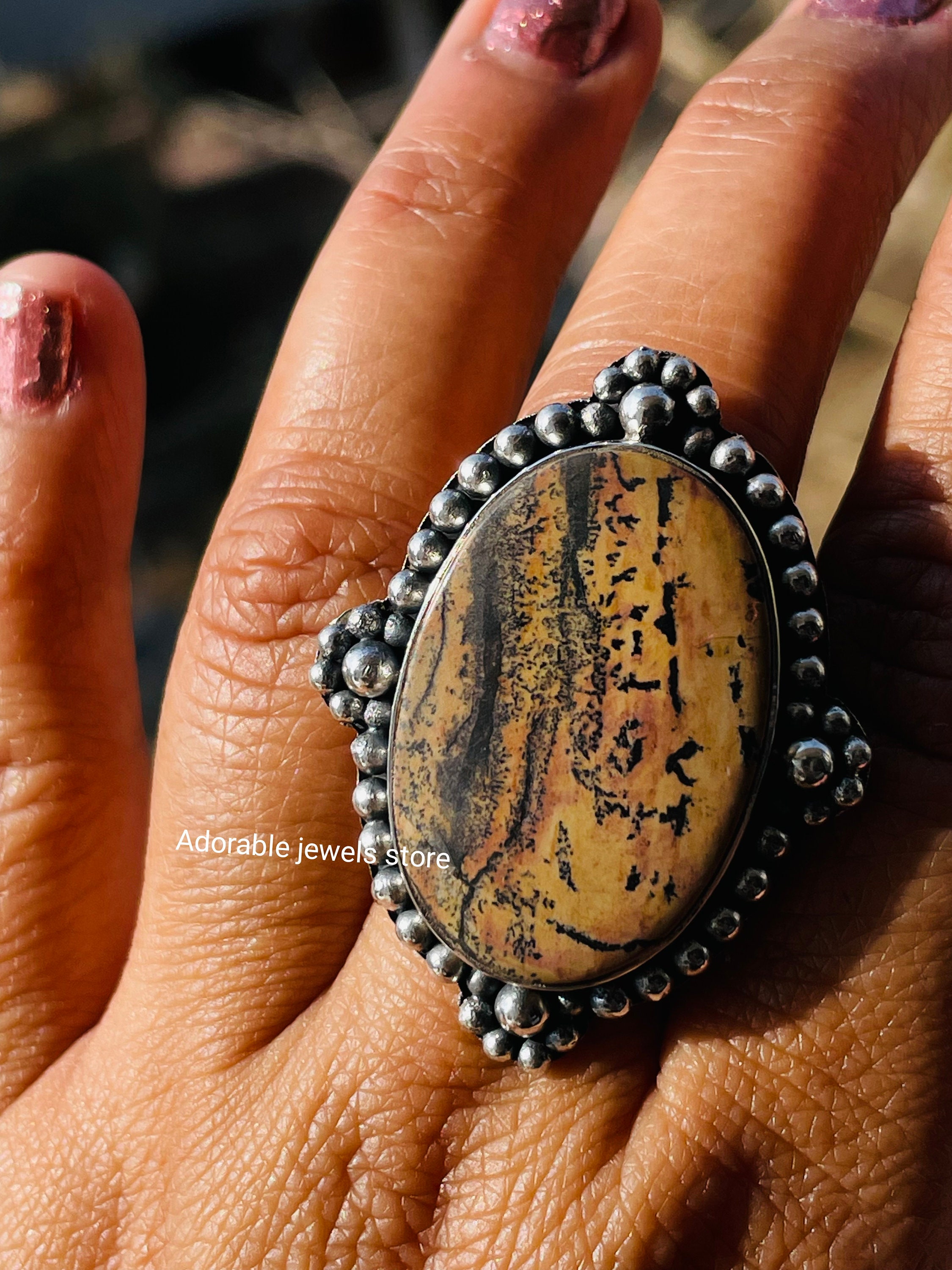Handcrafted Australian Picture Jasper Ring: Oval Sterling Silver Jewelry