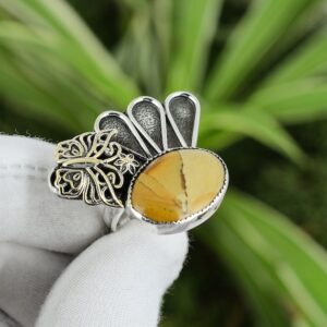 Handmade Picture Jasper Ring: 925 Sterling Silver, 18K Gold Butterfly