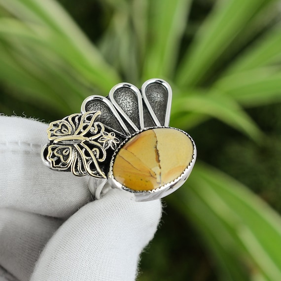 Handmade Picture Jasper Ring: 925 Sterling Silver, 18k Gold Butterfly