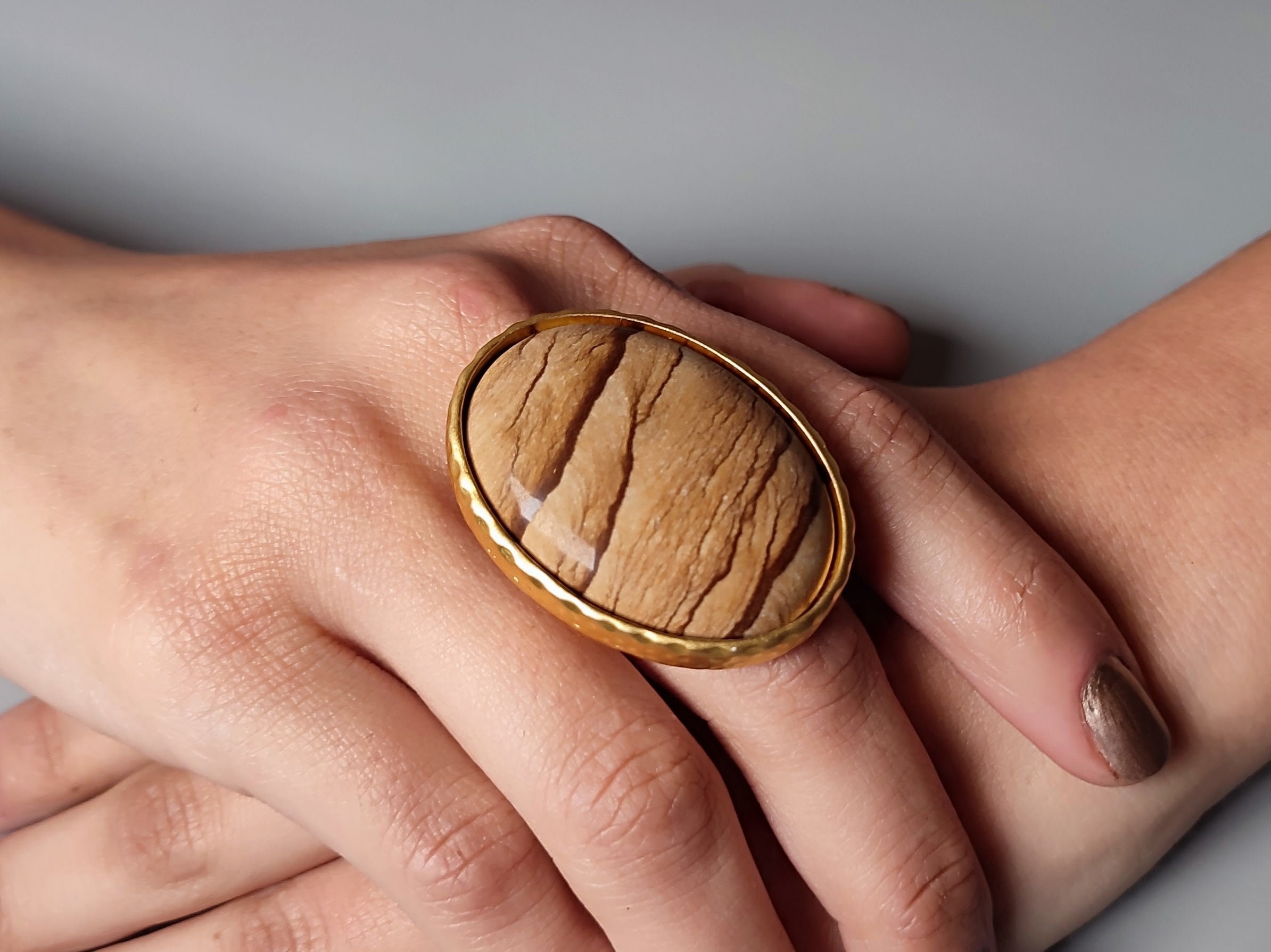 Handmade Picture Jasper Gold Ring: Adjustable Chunky Statement Ring