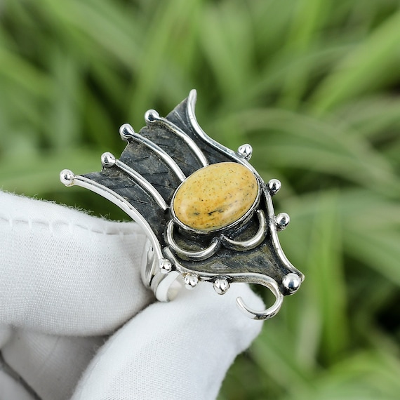 Oxidized Sterling Silver Picture Jasper Ring - Handmade Size 10