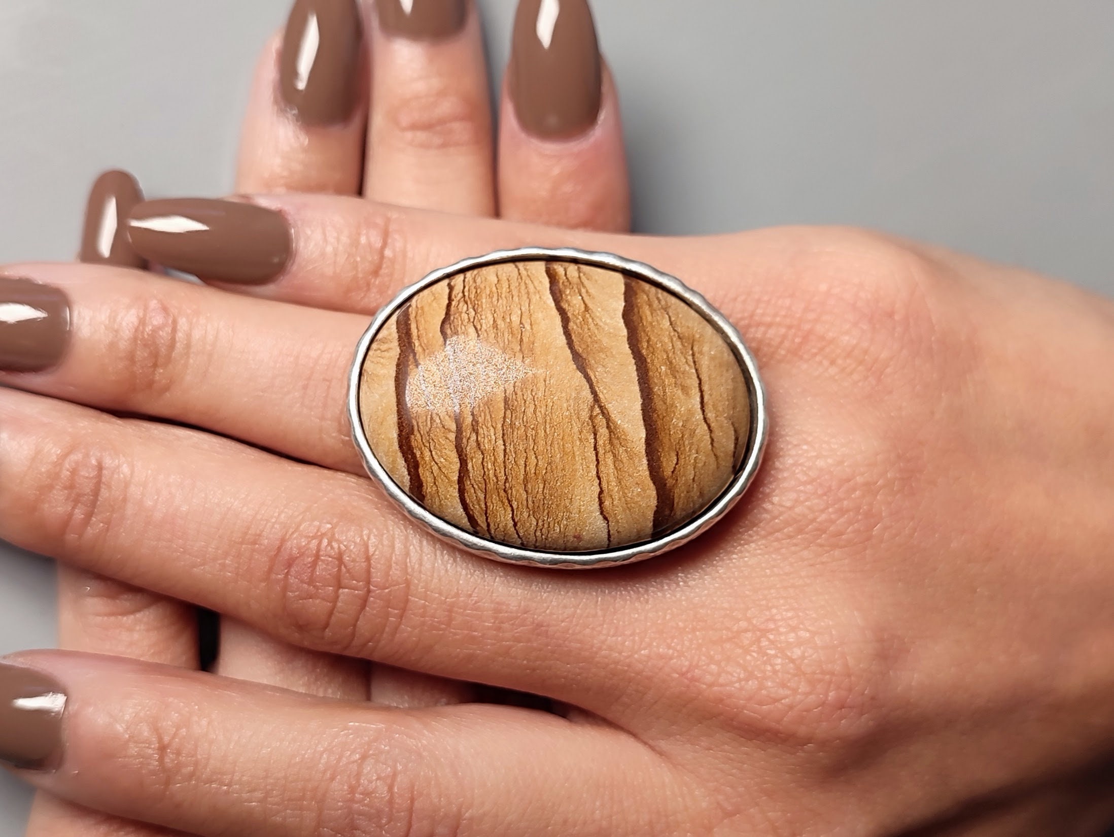 Picture Jasper Statement Ring: Adjustable Antique Silver Cocktail Ring