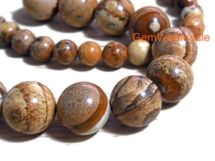 15.5" Natural Picture Stone 14mm/16mm Round Beads, Yellow Brown Color Diy Beads, Natural Gemstone Beads, Big Picture Jasper Round Beads,