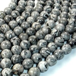 Gray Picture Jasper Beads, Round, 10 mm, 15.5 Inch, Full strand, Approx 38 beads, Hole 1 mm (141054004)