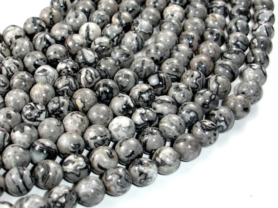Gray Picture Jasper Beads, Round, 8mm (8.5mm), 15.5 Inch, Full Strand, Approx 47 Beads, Hole 1 Mm, A Quality (141054003)