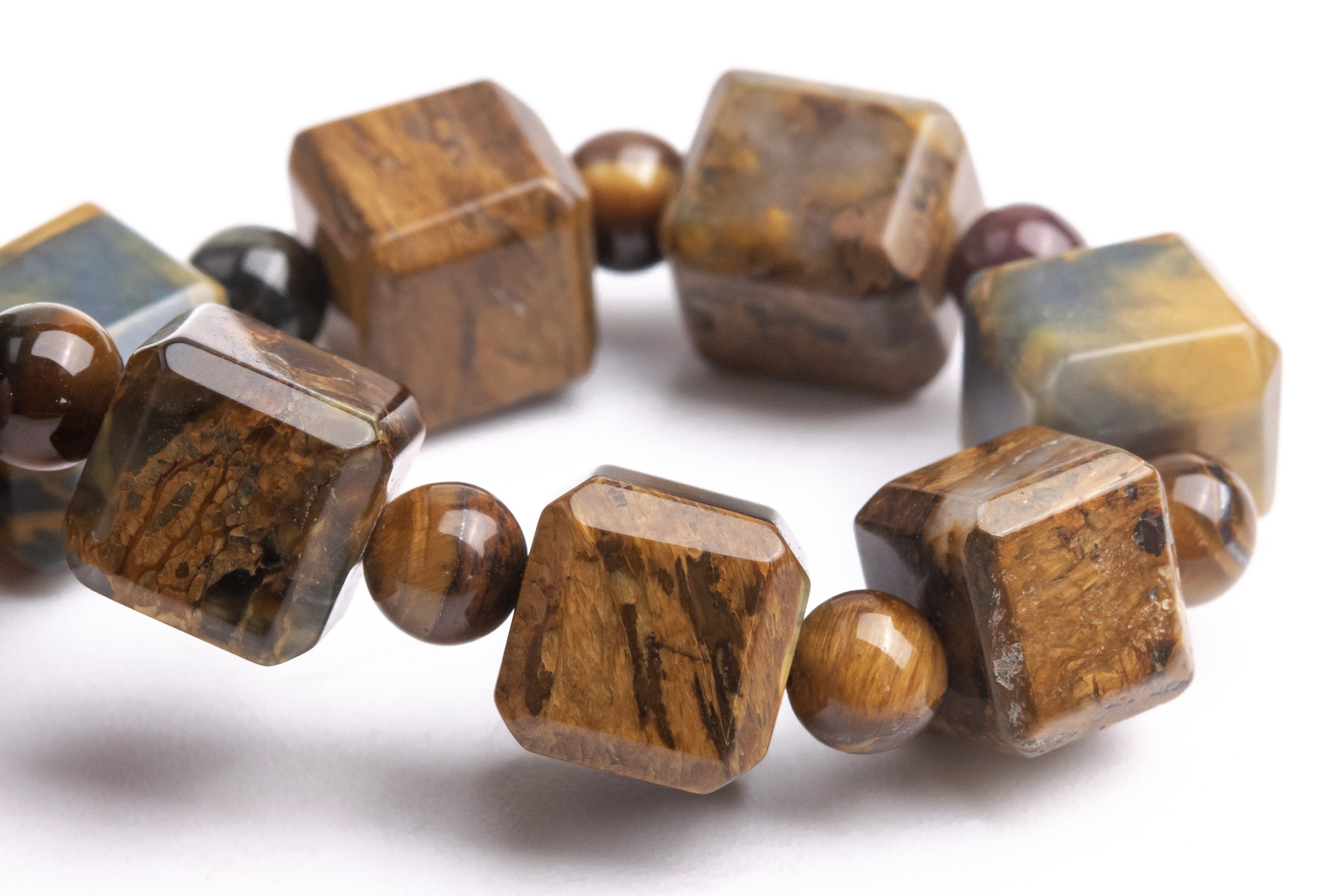 9mm Pietersite Beads Brown Bracelet Grade A Genuine Natural Beveled Edge Faceted Cube Gemstone 7" (121696h-1488)