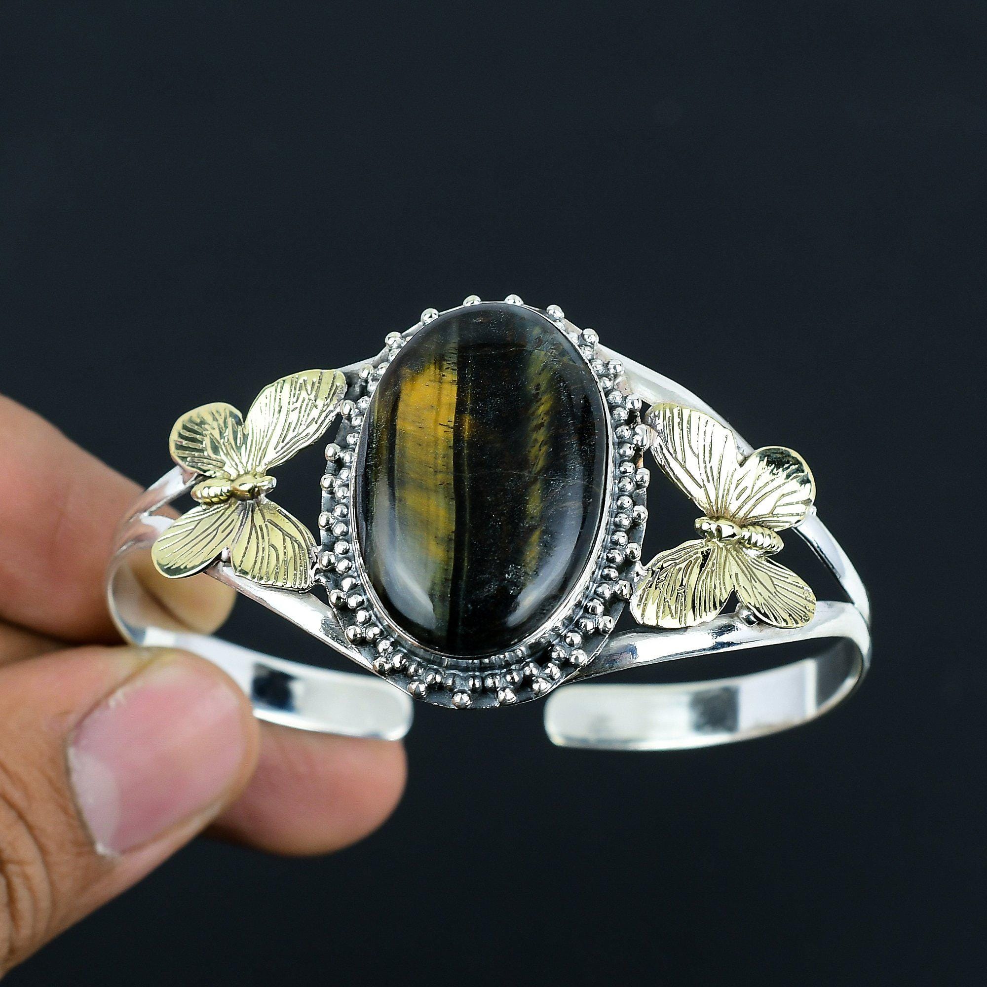 Pietersite Butterfly Cuff Bracelet, 18k Gold Plated Sterling Silver Bangle Pietersite Butterfly Cuff Bracelet, 18k Gold Plated Sterling Silver Bangle